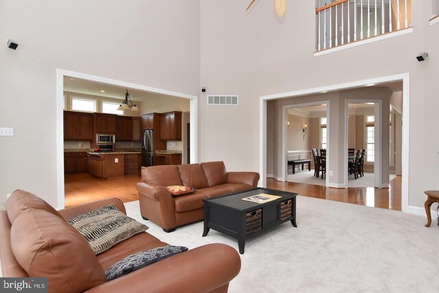 living room featuring light hardwood / wood-style floors and a high ceiling