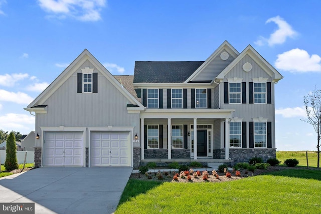 view of front of home with a porch and a front yard