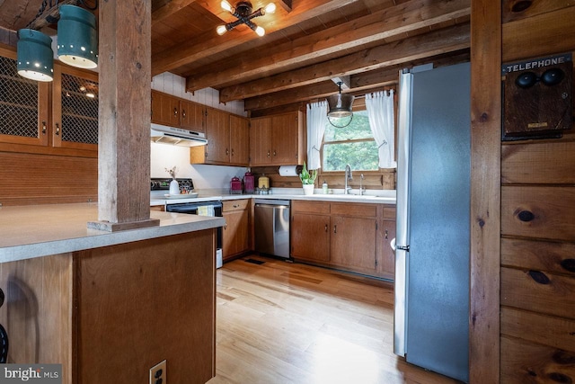 kitchen featuring light hardwood / wood-style floors, sink, range with electric stovetop, stainless steel dishwasher, and beam ceiling