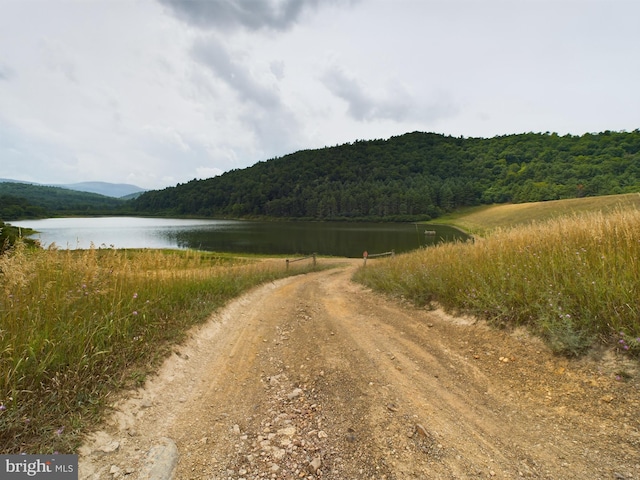 view of street with a water view