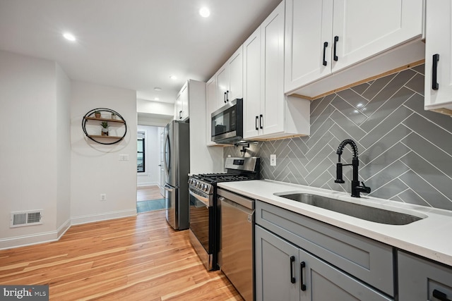 kitchen featuring appliances with stainless steel finishes, white cabinetry, decorative backsplash, sink, and light hardwood / wood-style flooring