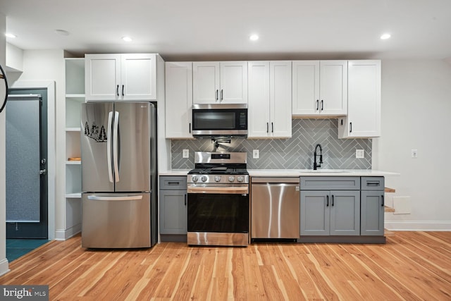 kitchen with white cabinets, appliances with stainless steel finishes, and gray cabinetry