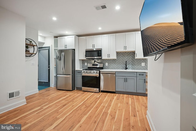 kitchen with white cabinetry, light hardwood / wood-style flooring, appliances with stainless steel finishes, and gray cabinetry