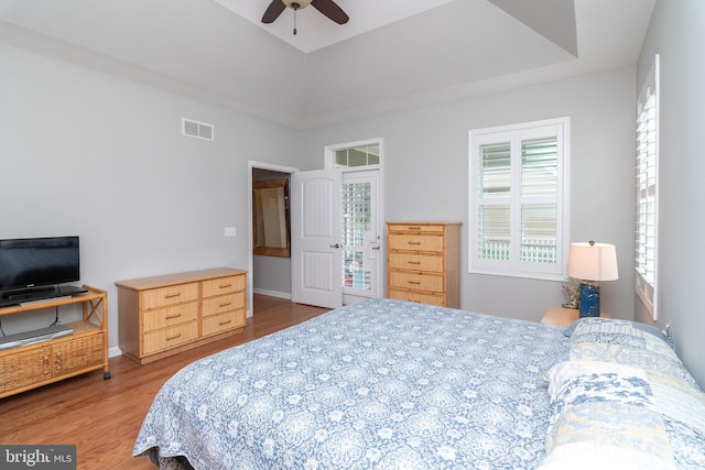 bedroom with hardwood / wood-style floors, a tray ceiling, and ceiling fan