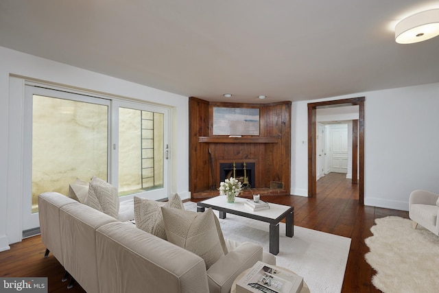 living room featuring dark hardwood / wood-style flooring and a large fireplace