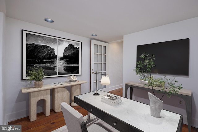 home office with hardwood / wood-style floors