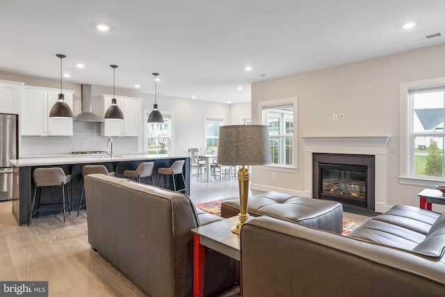 living room with sink, a wealth of natural light, and light wood-type flooring