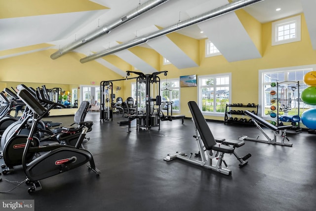 exercise room with a towering ceiling