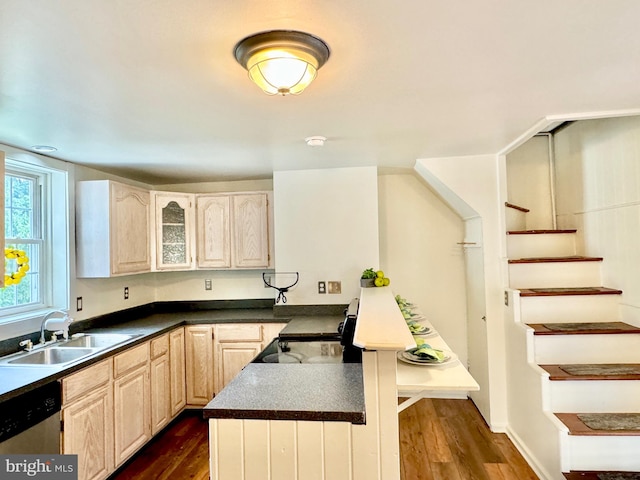 kitchen with dark wood-type flooring, light brown cabinetry, sink, and dishwasher