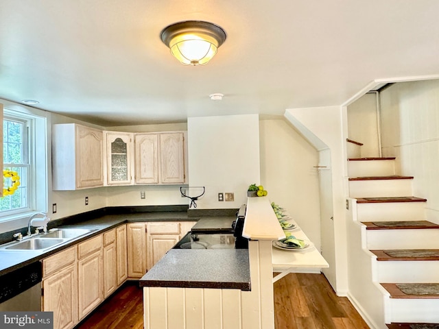 kitchen featuring electric range, dishwasher, dark wood-type flooring, a peninsula, and a sink