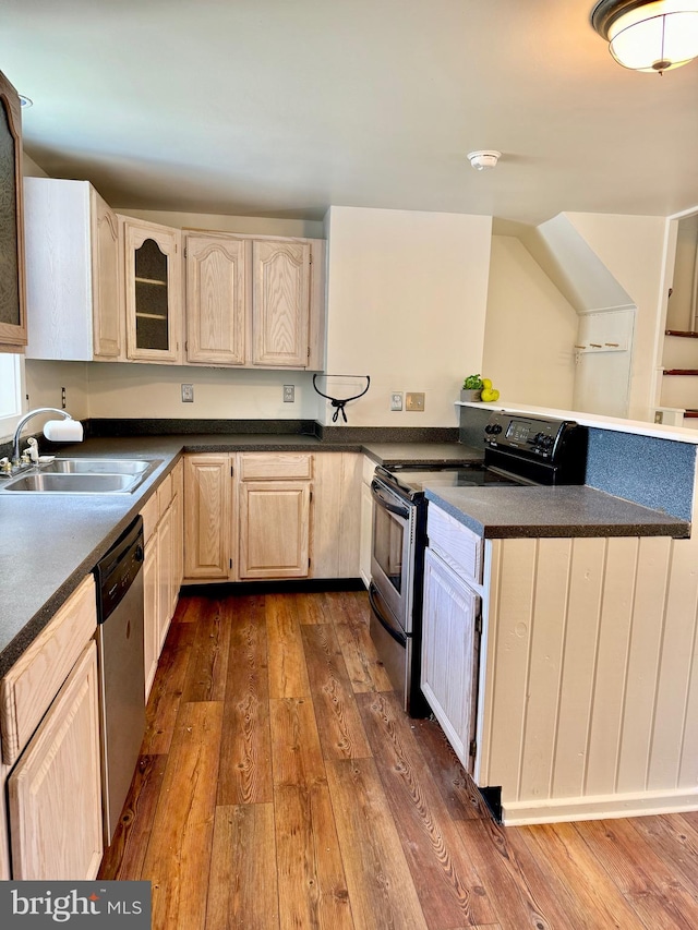 kitchen with dark wood-type flooring, light brown cabinets, stainless steel appliances, and sink