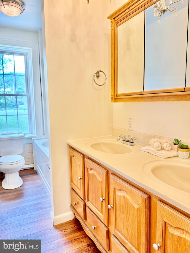 bathroom featuring vanity, a bath, toilet, and hardwood / wood-style floors