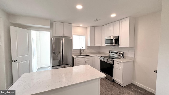 kitchen with tasteful backsplash, sink, white cabinetry, dark wood-type flooring, and appliances with stainless steel finishes