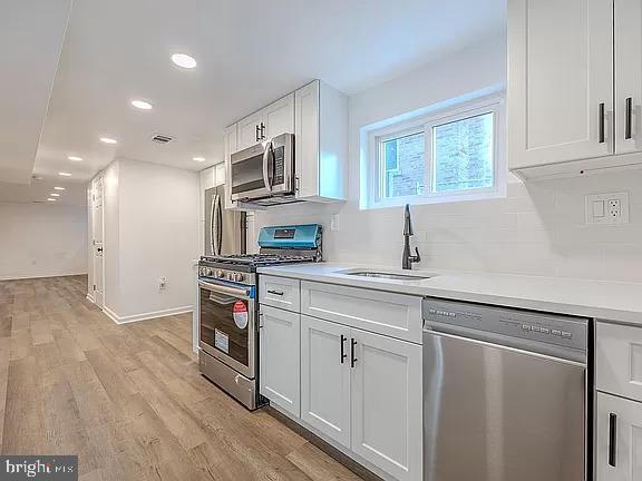 kitchen featuring backsplash, sink, light hardwood / wood-style flooring, appliances with stainless steel finishes, and white cabinets