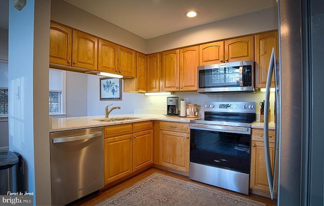 kitchen with hardwood / wood-style flooring, sink, and appliances with stainless steel finishes