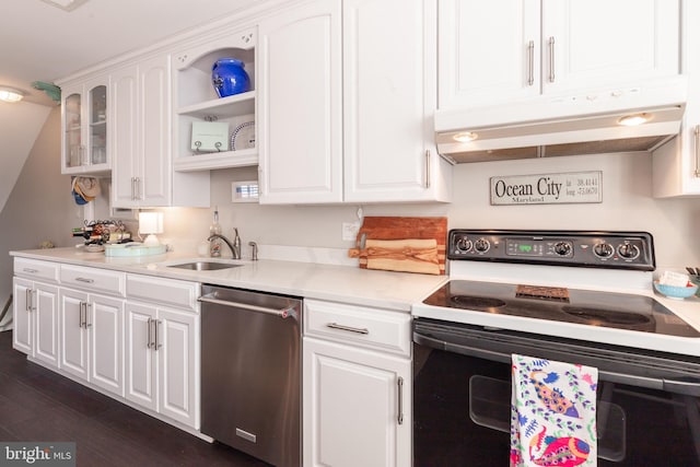 kitchen with white cabinetry, stainless steel dishwasher, dark hardwood / wood-style floors, sink, and white electric stove