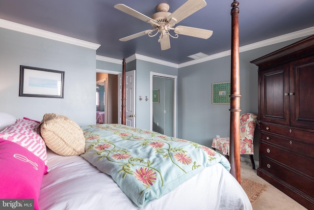 carpeted bedroom featuring ceiling fan, a closet, and crown molding