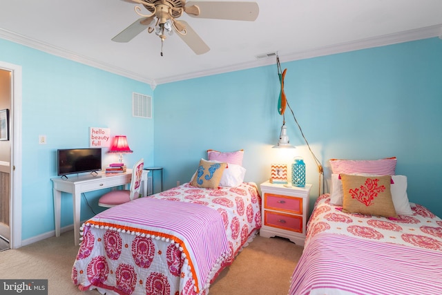 bedroom featuring ceiling fan, crown molding, and light colored carpet