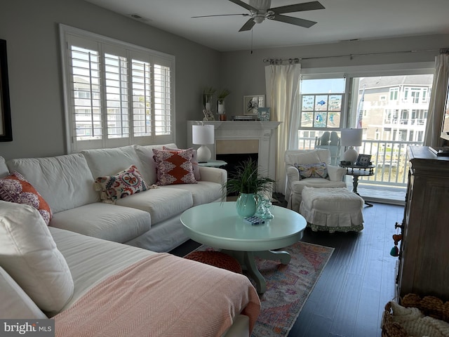 living room featuring ceiling fan and hardwood / wood-style floors