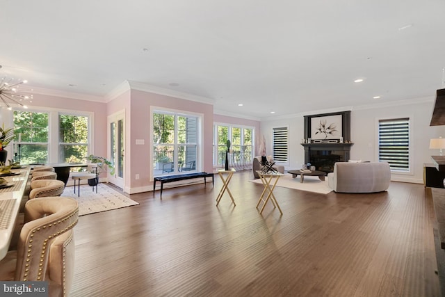 playroom featuring dark hardwood / wood-style floors, a chandelier, and crown molding