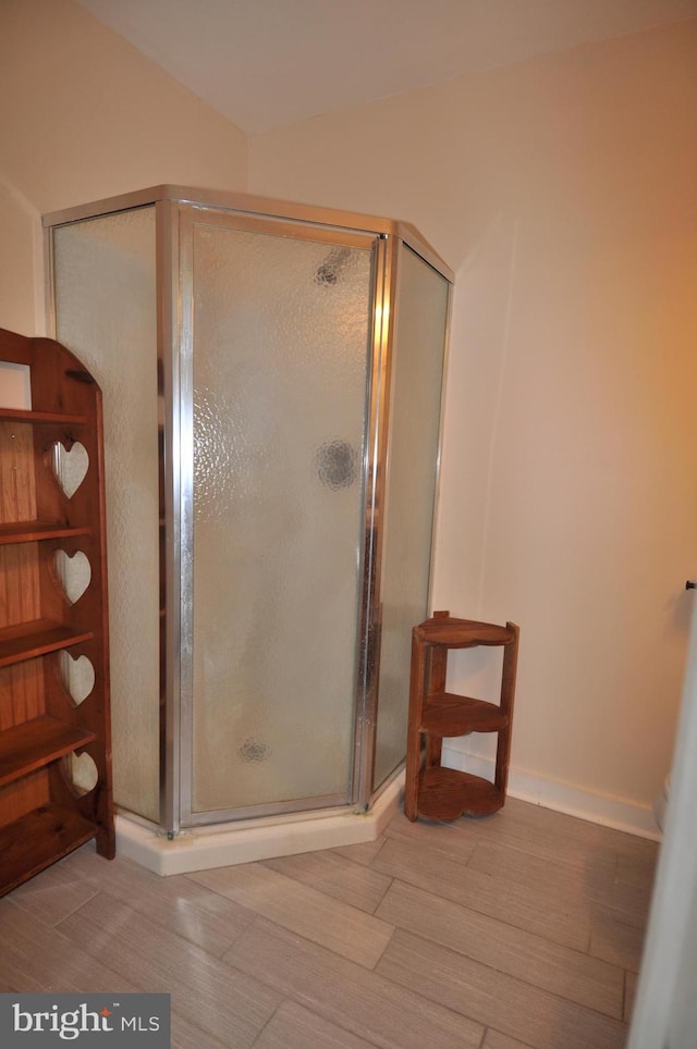 bathroom with wood-type flooring and walk in shower