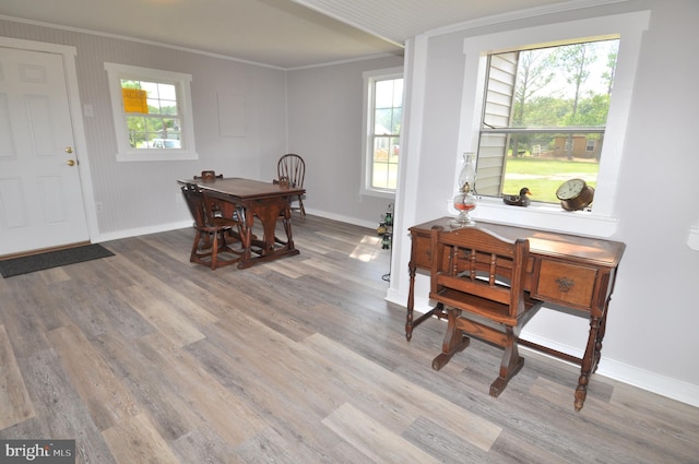 dining space with hardwood / wood-style flooring, ornamental molding, and a wealth of natural light