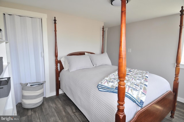 bedroom featuring dark hardwood / wood-style flooring and a closet