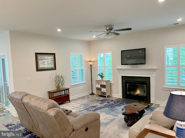 living room with hardwood / wood-style flooring and ceiling fan