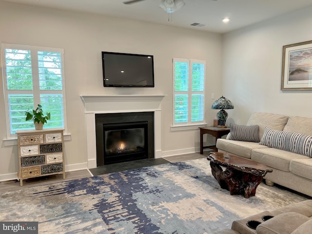 living room featuring dark wood-type flooring and ceiling fan