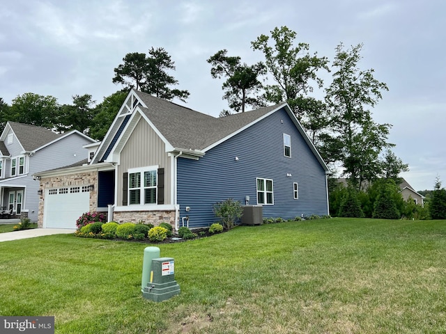 view of property exterior with a garage, a yard, and cooling unit