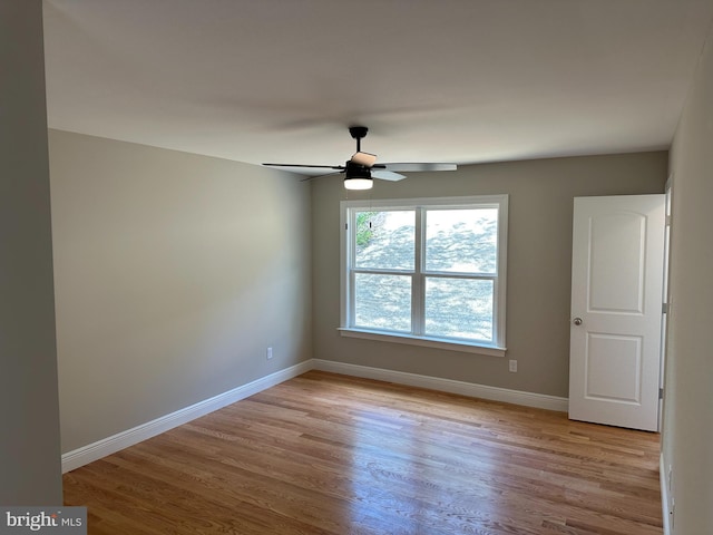 spare room featuring ceiling fan and light hardwood / wood-style flooring