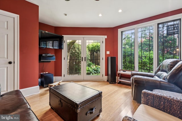 living room with light hardwood / wood-style floors and french doors