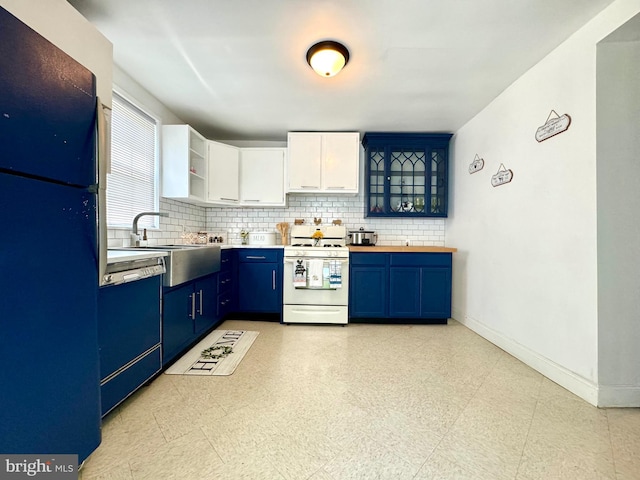 kitchen featuring black refrigerator, dishwasher, white cabinets, white gas range oven, and blue cabinetry