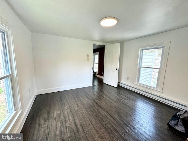 empty room featuring dark hardwood / wood-style floors and baseboard heating