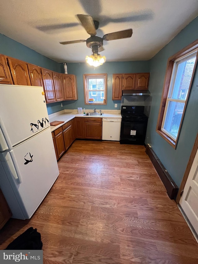 kitchen with wood-type flooring, sink, white appliances, ceiling fan, and a textured ceiling