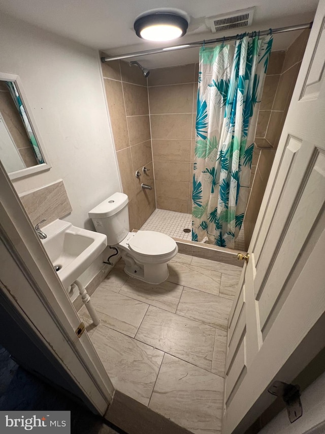 bathroom with sink, toilet, and a shower with shower curtain