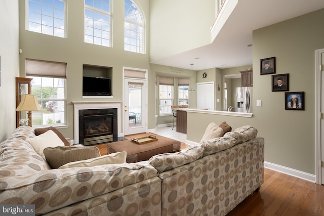 living room featuring a towering ceiling and light hardwood / wood-style flooring