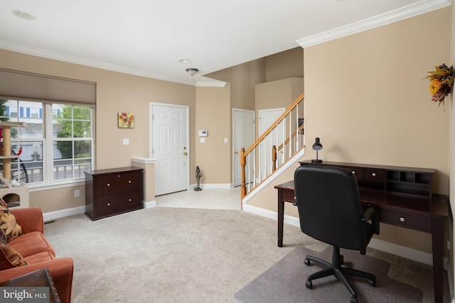 carpeted office space with ornamental molding