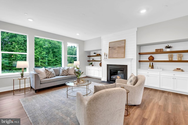 living room with light hardwood / wood-style floors and a large fireplace