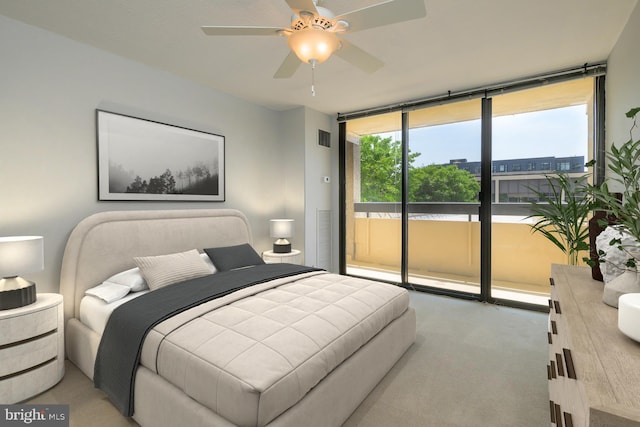 bedroom featuring visible vents, a ceiling fan, expansive windows, light carpet, and access to outside