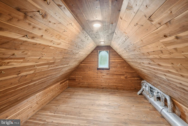 additional living space featuring wooden walls, light wood-type flooring, and vaulted ceiling