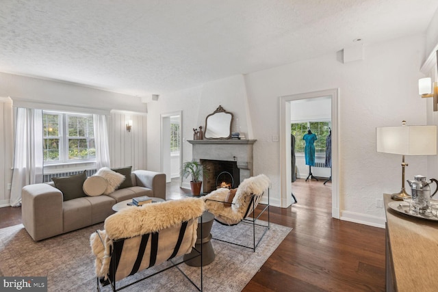 living room with a textured ceiling, a fireplace, and dark wood-type flooring