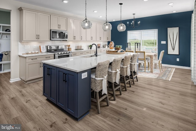 kitchen with appliances with stainless steel finishes, a center island with sink, sink, backsplash, and light hardwood / wood-style floors