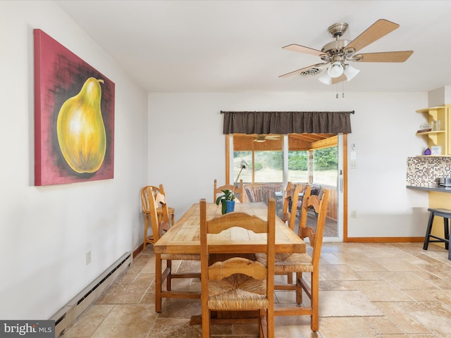 dining area featuring ceiling fan, a baseboard heating unit, and tile patterned flooring