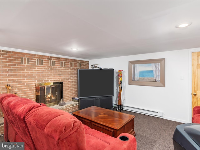 living room featuring brick wall, a baseboard radiator, carpet, and a fireplace