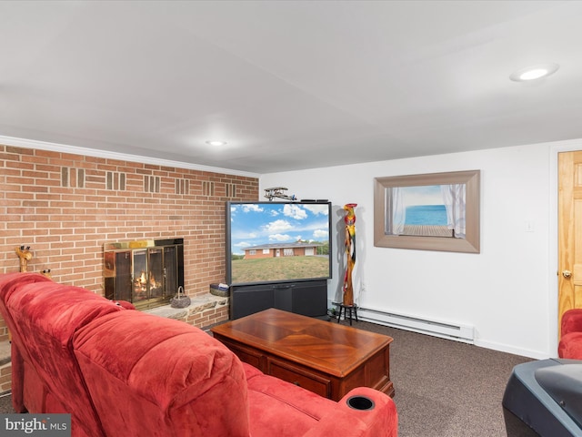 carpeted living room featuring a brick fireplace, brick wall, and baseboard heating