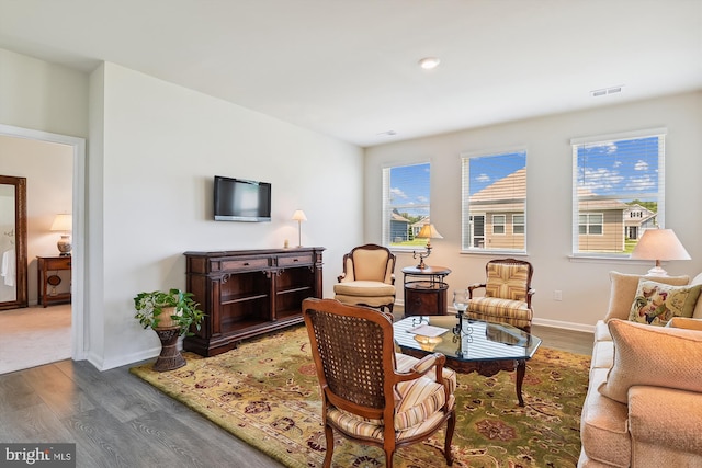 living room featuring dark wood-type flooring