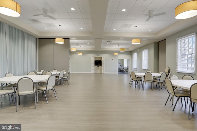 dining area with plenty of natural light, ceiling fan, and light wood-type flooring