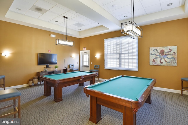 game room with pool table, carpet floors, and a raised ceiling