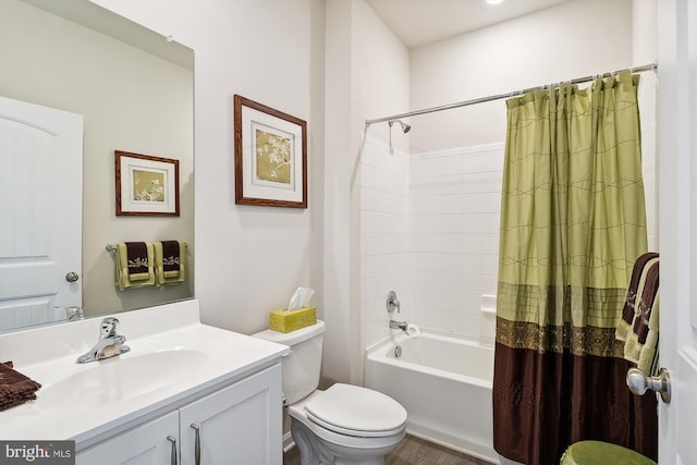 full bathroom with toilet, vanity, and shower / bath combo with shower curtain